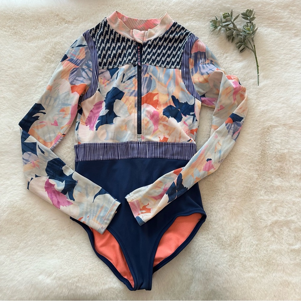Athleta Navy Floral Print Long-Sleeve One-Piece Swimsuit with Coral Lining